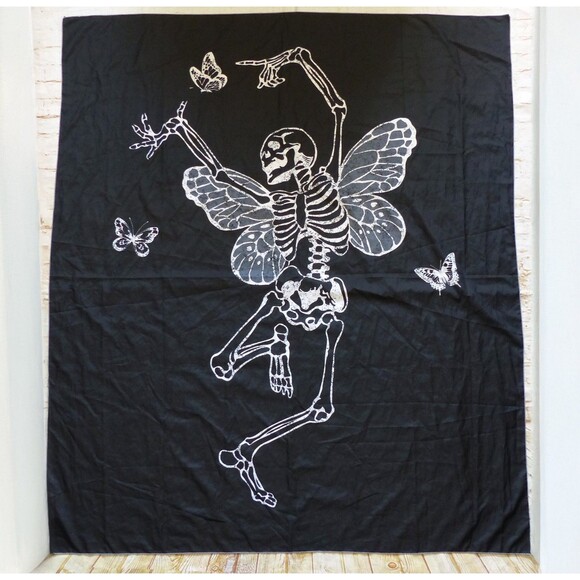Fairycore Skeleton Butterfly Tapestry Black White 49 x 58.75 Wall Decor Gothic - Picture 1 of 12